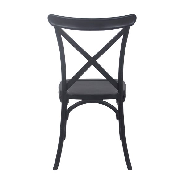 Schwarzer Stuhl mit X-Rückenlehne aus Kunststoff