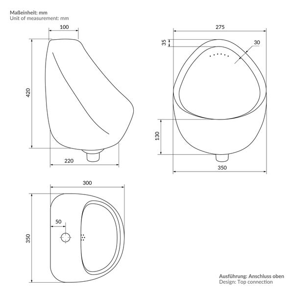 ECD Germany Urinal Weiß Zulauf von oben, Keramik Pinkelbecken mit Nano-Versiegelung, Modernes Pissoir, 35x46x30 cm, oval, Spülrand geschlossen, Senkrechter Ablauf, WC-Urinal Absaugeurinal Urinalbecken