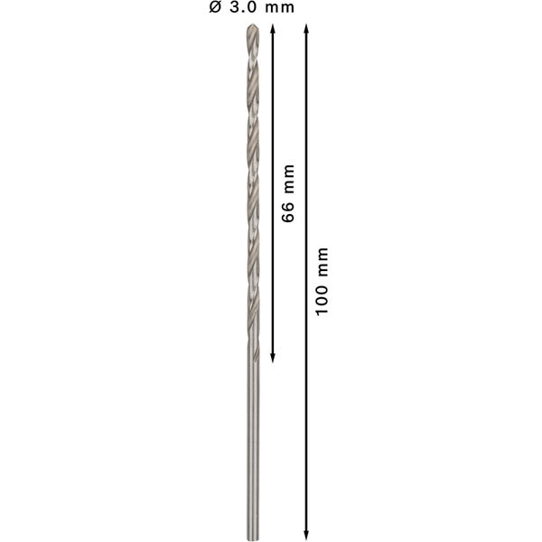 Bohrer mit Durchmesser 3.0 Millimeter, Nutzlänge 66 Millimeter und Gesamtlänge 100 Millimeter.