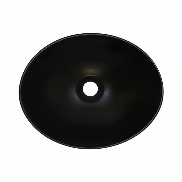 Ovaler Aufsatzwaschtisch in schlichter Optik mit mittigem Ablauf, Ansicht von oben.
