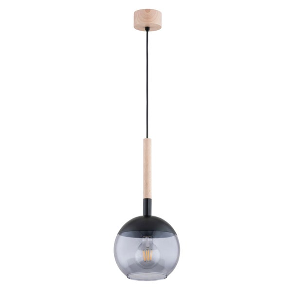 Moderne Hängeleuchte mit Glaskugel, Holzakzenten und Deckenbaldachin