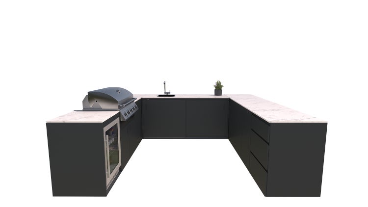 Moderne Outdoor-Küche mit Grill, Spüle und Getränkekühlschrank