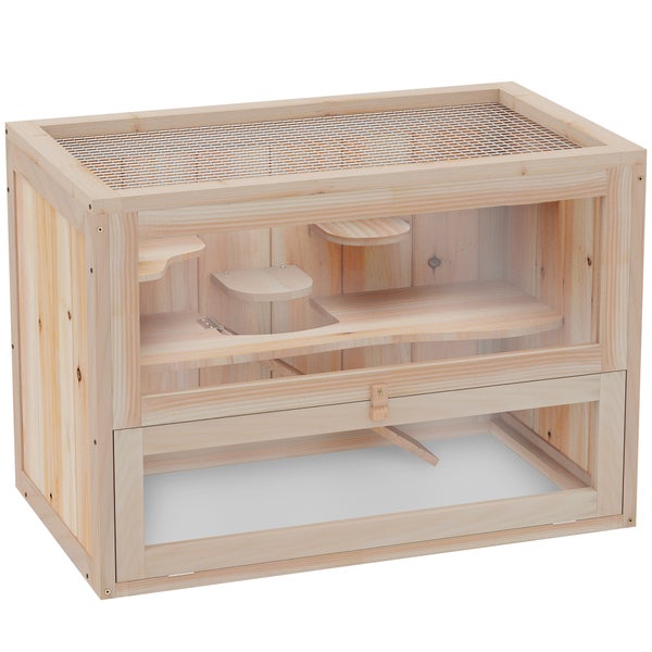PawHut Hamsterkäfig aus Holz für Zwerghamster Nagerkäfig Kleintierkäfig mit Gitterdach und Rampe, Nagarium Käfig 60 x 35 x 42 cm Naturholz