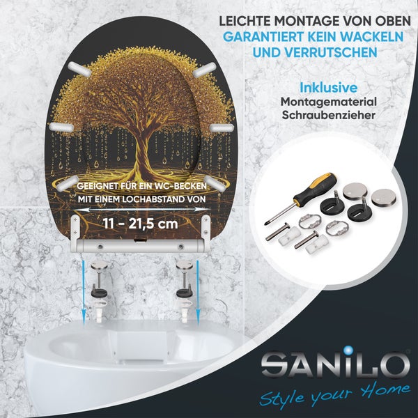 Sanilo WC-Sitz mit Baum-Motiv, inklusive Befestigungsmaterial und Schraubendreher für Montage von oben, passend für Lochabstand 11 bis 21,5 cm.