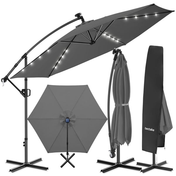 Grauer Ampelschirm von tectake mit LED-Beleuchtung, Solarpanel, Kreuzfuß und Schutzhülle.