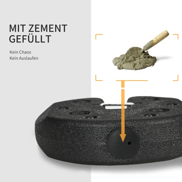 Sonnenschirmständer aus Kunststoff mit Zementfüllung für Stabilität ohne Auslaufen.