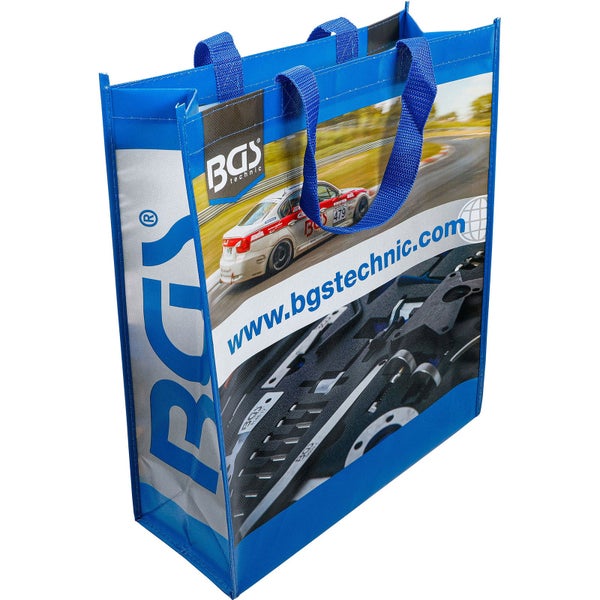 Blaue BGS Technic Mehrweg-Tragetasche mit BGS Technic Logo, Werkzeug- und Motorsport-Motiven sowie Tragegriffen.