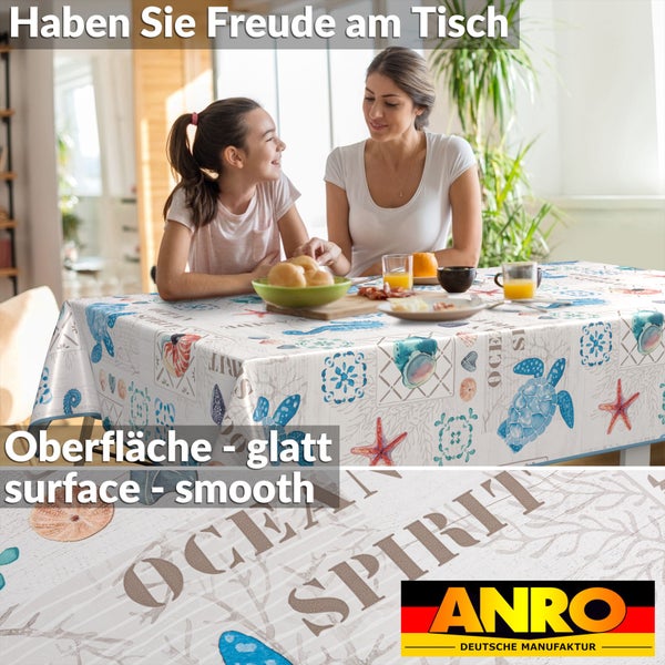 Tischdekoration mit glatter Oberfläche und Meeresmotiven sowie Anro Logo