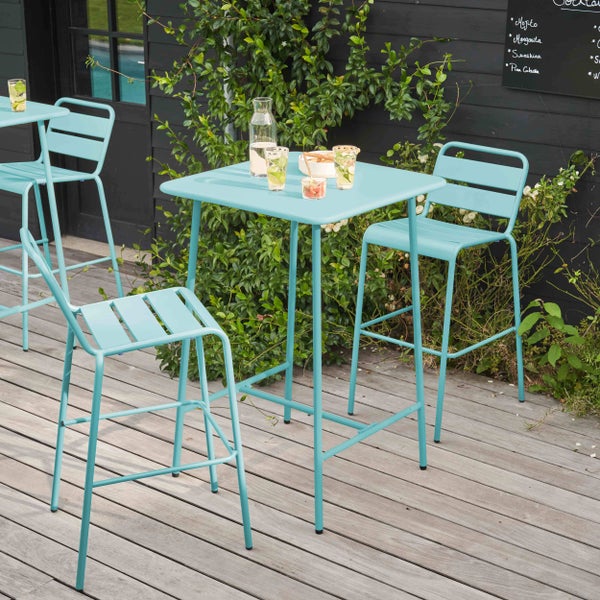 Modernes Garten-Set mit quadratischem Stehtisch und zwei Barhockern aus Metall in Türkis auf einer Holzterrasse.