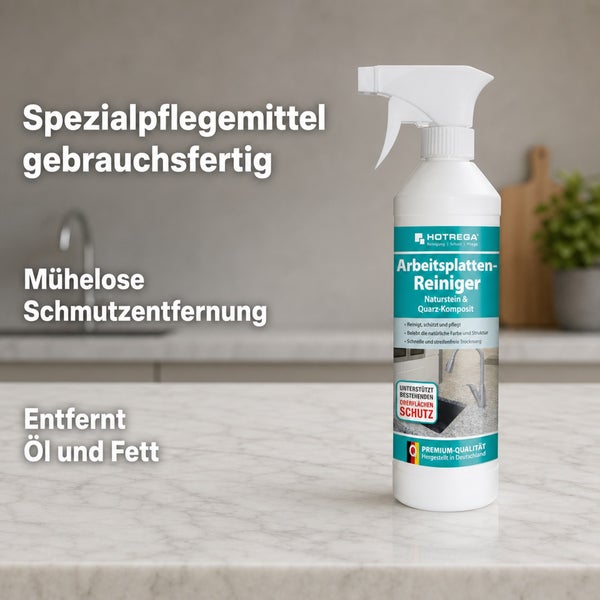 Hotrega Arbeitsplatten Reiniger in einer Sprühflasche zur Pflege von Naturstein und Quarz Komposit auf einer Küchenarbeitsplatte.