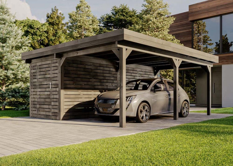 Alpholz Einzelcarport Lars Grey Line Carport aus Holz in Grau, Unterstand inklusive Geräteraum, Überdachung mit Montagematerial