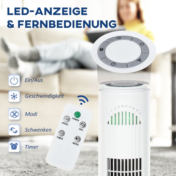 HOMCOM Turmventilator mit Fernsteuerung 70° Oszillierender Standventilator 77cm Säulenventilator 45 W 3 Modi & 3 Geschwindigkeiten ABS-Kunststoff Weiß