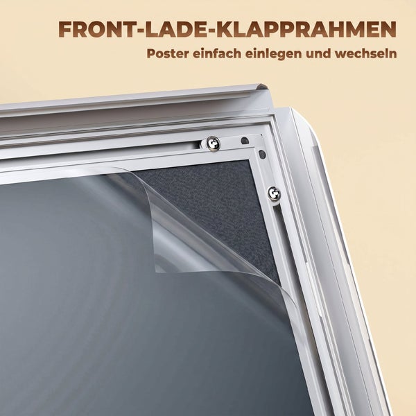 Detailansicht eines Klapprahmens aus Aluminium mit Schutzfolie zum einfachen Wechseln von Postern.