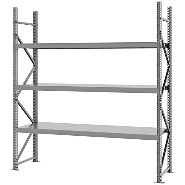 Weitspannregal aus Metall mit drei Fachböden und diagonalen Verstrebungen für Werkstatt, Keller und Lager.