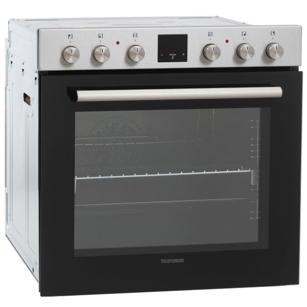 Telefunken Einbaubackofen mit schwarzer Glastür und silberfarbenen Bedienelementen.