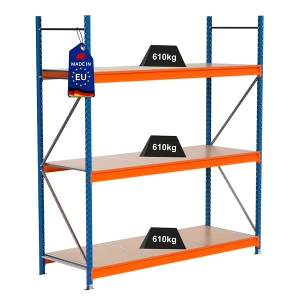 Lagerregal mit drei Ebenen und Made in EU Kennzeichnung.