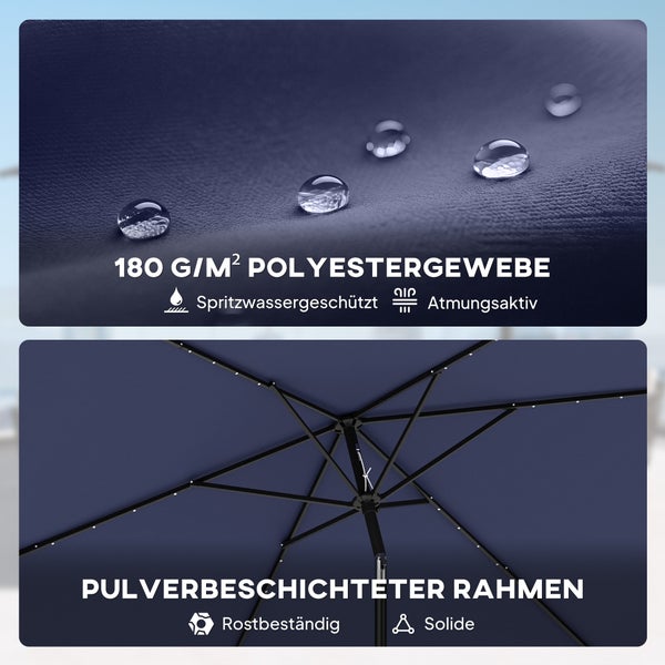 Parasol: 180 Gramm pro Quadratmeter Polyestergewebe, spritzwassergeschützt, atmungsaktiv, pulverbeschichteter Rahmen mit LEDs, rostbeständig, solide.