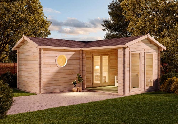 FinnTherm Saunahaus Lasse-70 Gartensauna 3 Sitzbänke aus Holz, Sauna mit 70 mm Wandstärke Außensauna, Naturbelassen 6,3x6m