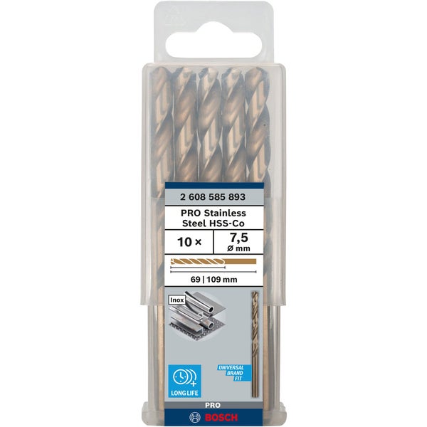 Bosch Pro Edelstahl Stahl HSS-Co Bohrer Set, 10 Stück, 7,5 mm Durchmesser