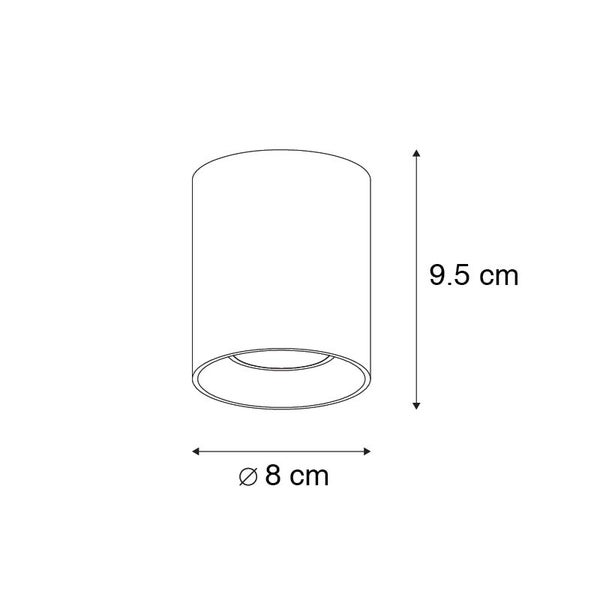 Skizze einer zylinderförmigen Deckenleuchte mit den Maßen 9,5 cm Höhe und 8 cm Durchmesser.