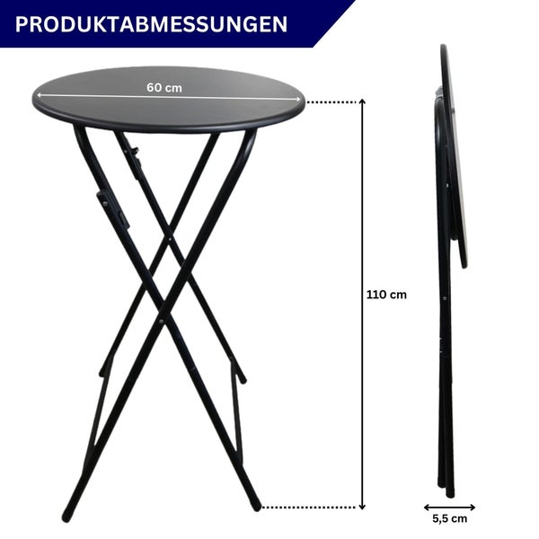 Schwarzer Bistrotisch mit runder Platte und Klappfunktion, Maße: 60 Zentimeter Durchmesser, 110 Zentimeter Höhe