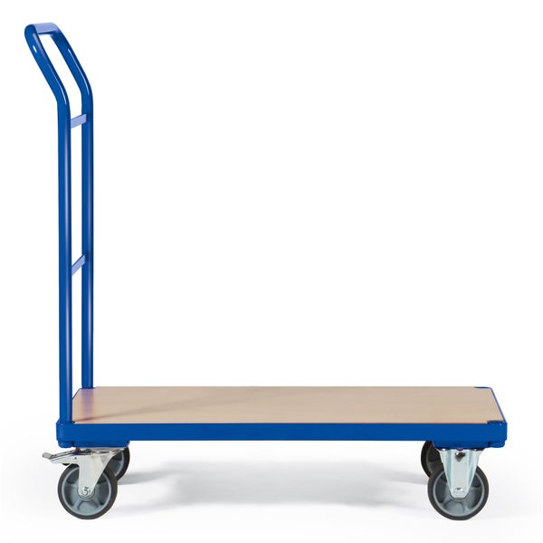 Blauer Transportwagen mit Holzplattform und Rollen