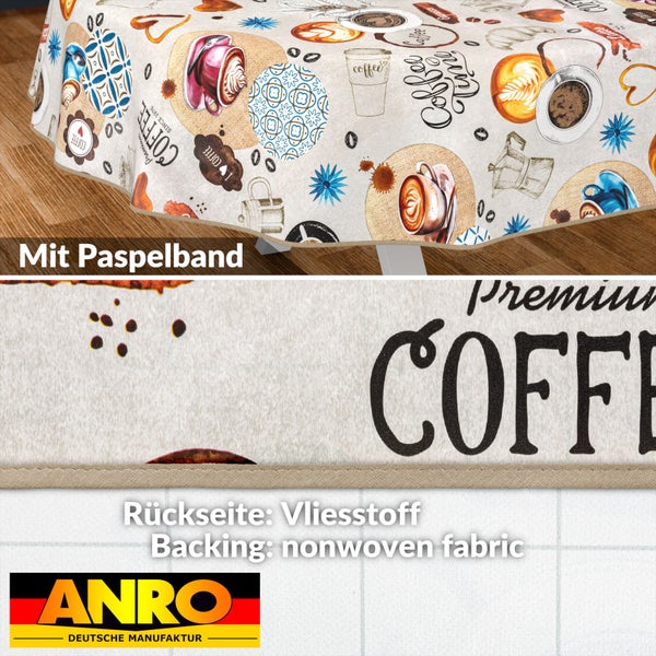 Tischdecke mit Kaffeemotiven und Paspelband
