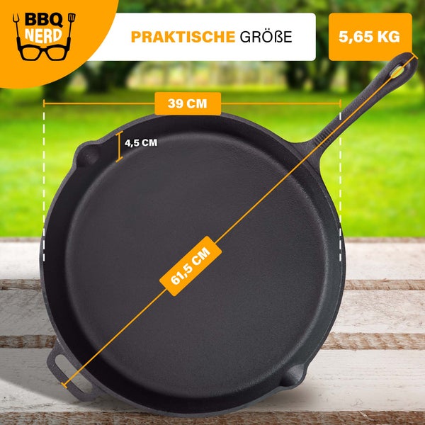 BBQ Nerd Grillpfanne Ø 35 cm 4600g mit Ausgießer und Griff | Gusseisenpfanne zum Grillen, Rösten, Anbraten | Antihaft-Pfanne Feuerpfanne - hitzebeständig & wärmespeichernd