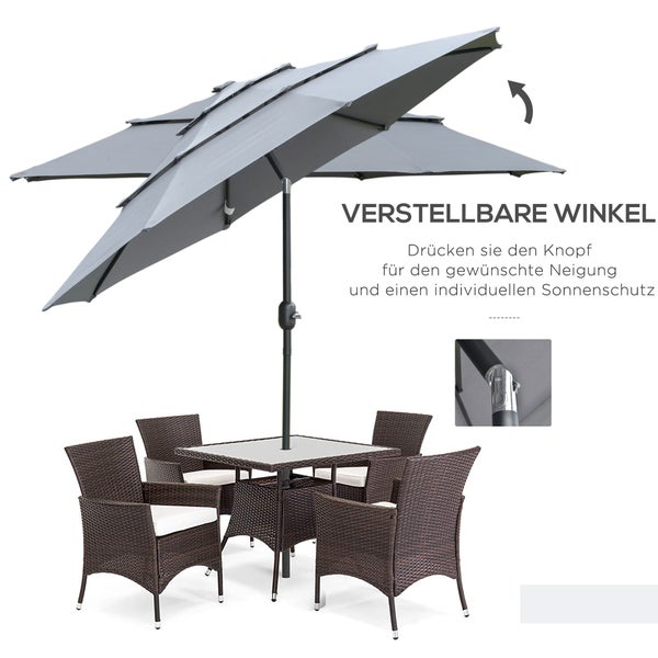 Outsunny 2,6 m Sonnenschirm mit 3-stufigem Dach Handkurbel Terrassenschirm drehbar Marktschirm 8 Rippen Gartenschirm mit Sonnenschutz Stahl Polyester Dunkelgrau