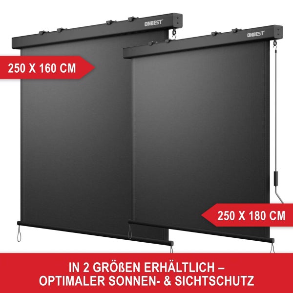 Zwei dunkle Senkrechtmarkisen der Marke ONBEST in den Größen 250 mal 160 Zentimeter und 250 mal 180 Zentimeter für Sonnen- und Sichtschutz.