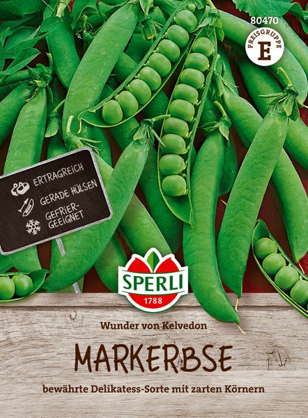 Sperli Saatgut Markerbse Wunder von Kelvedon mit textlicher Beschreibung für ertragreiche Ernte und Gefriereignung.