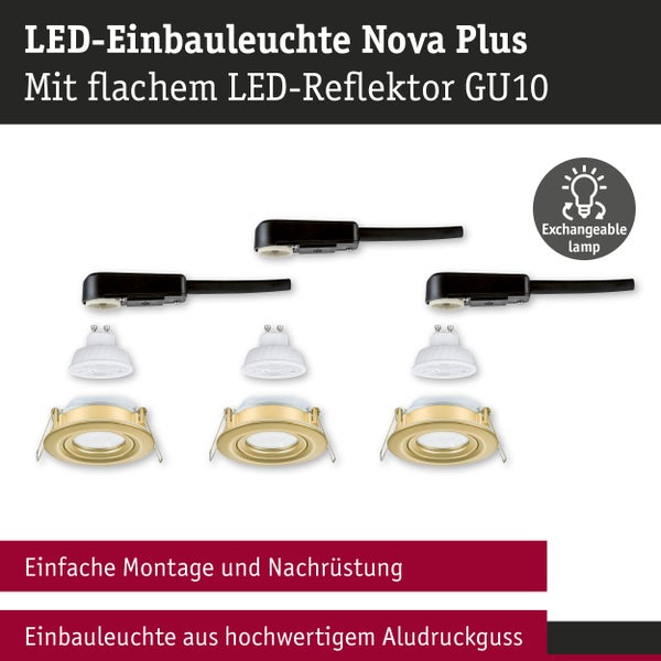 Dreier-Set LED-Einbauleuchten Nova Plus aus Aluminiumdruckguss mit flachen, austauschbaren GU10-Leuchtmitteln und Anschlussboxen.