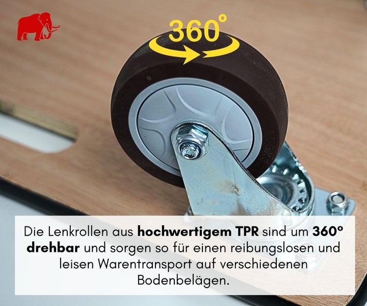 Wagner Logo. Lenkrolle aus thermoplastischem Elastomer, 360 Grad drehbar für leisen Warentransport.