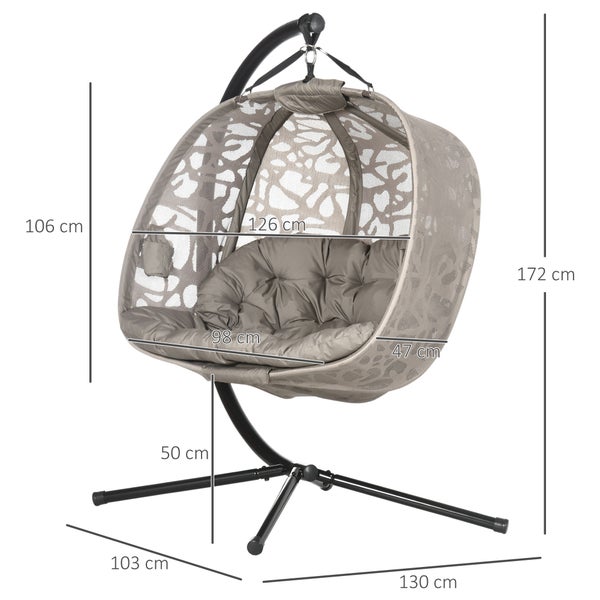 Outsunny Hängesessel, 2 Sitzer Hängestuhl mit Kissen, für Indoor, Outdoor, bis 240 kg Belastbar, 130L x 103B x 172H cm, Polyester+Stahl, Sand
