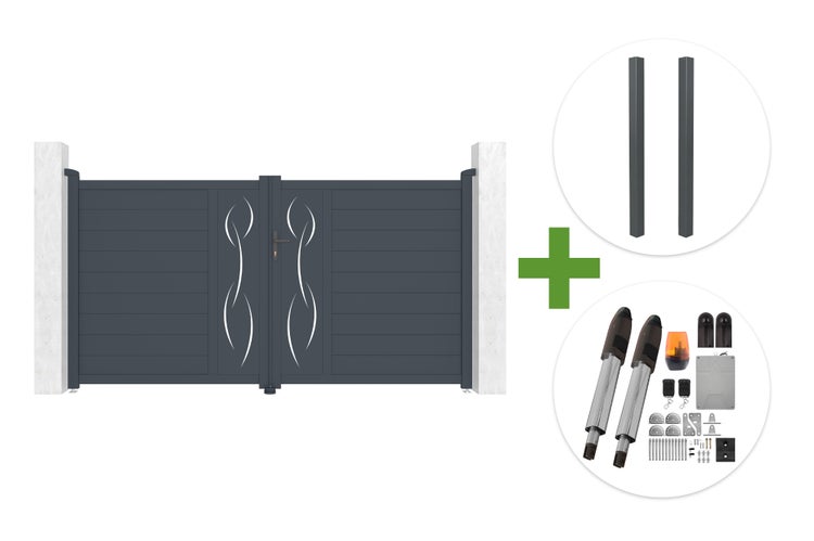 Aluminium-Doppelflügeltor-Set in Anthrazit mit zwei Pfosten und elektrischem Torantrieb inklusive Zubehör.
