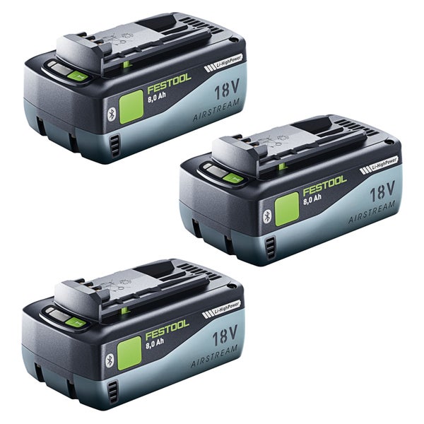 Drei Festool Akkupacks 18 Volt, 8,0 Amperestunden, Li-HighPower mit Bluetooth und Airstream-Technologie.