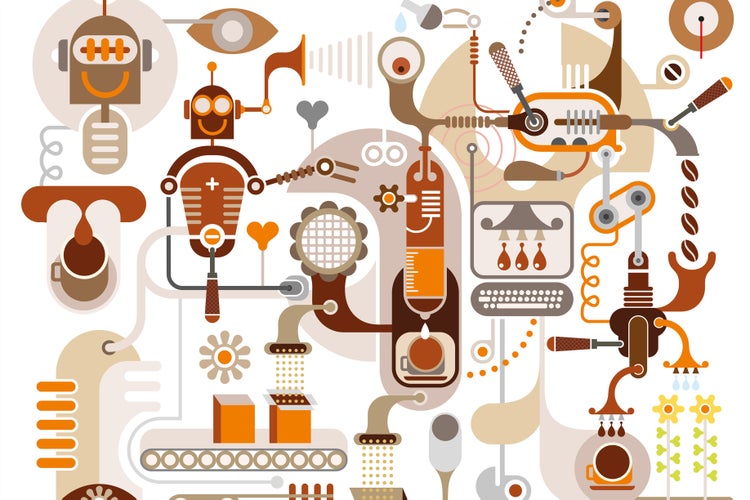 Abstrakte Illustration einer Kaffeemaschine mit Robotern und mechanischen Elementen in einem komplexen technischen Design.