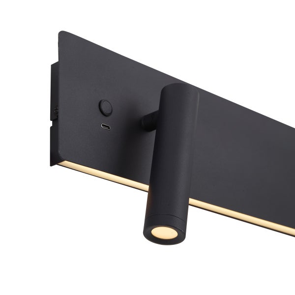 Moderne schwarze LED-Wandleuchte mit verstellbarem Spot, indirektem Licht, integriertem Schalter und USB-Anschluss.