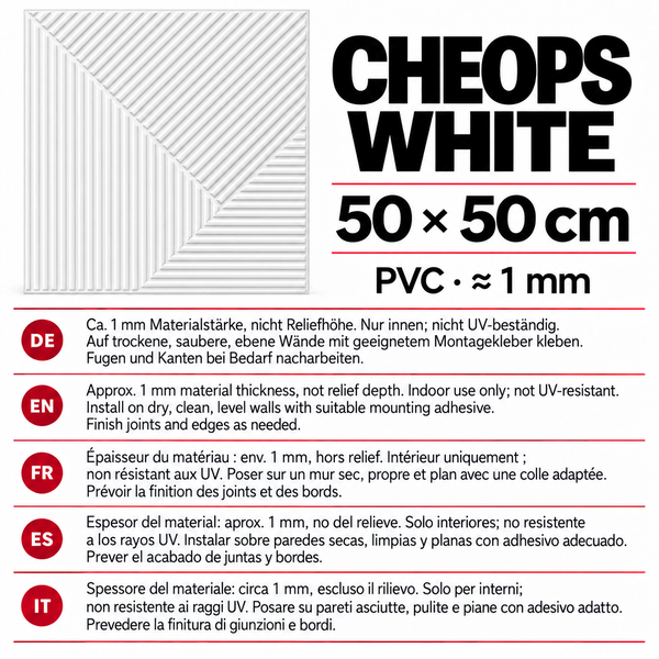 Wandpaneel Cheops White aus Polyvinylchlorid in der Größe 50 mal 50 Zentimeter mit einer Materialstärke von circa 1 Millimeter zur Innenanwendung.