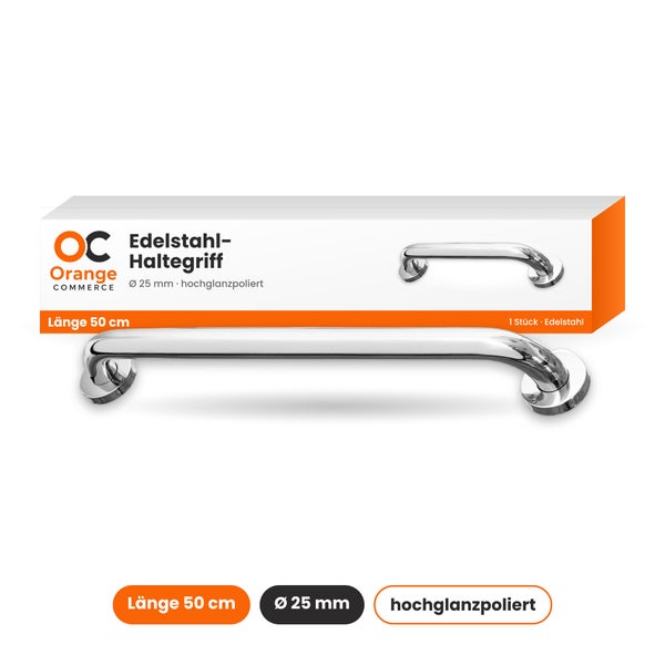 Orange Commerce Haltegriff aus Edelstahl, 50 cm lang, Durchmesser 25 mm, hochglanzpoliert, zur Wandmontage im Badezimmer.
