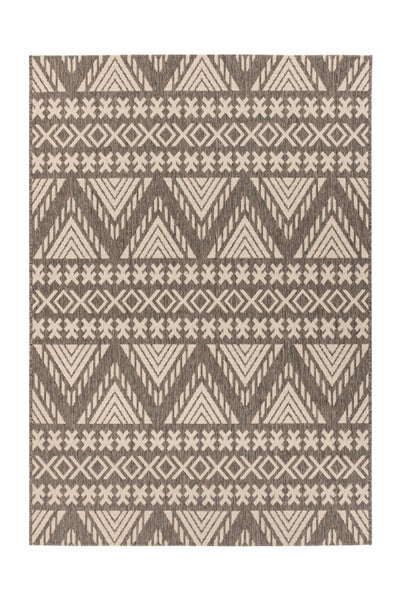 Indoor- und Outdoor-Teppich mit geometrischem Muster aus Dreiecken und Kreuzen in Braun und Beige.