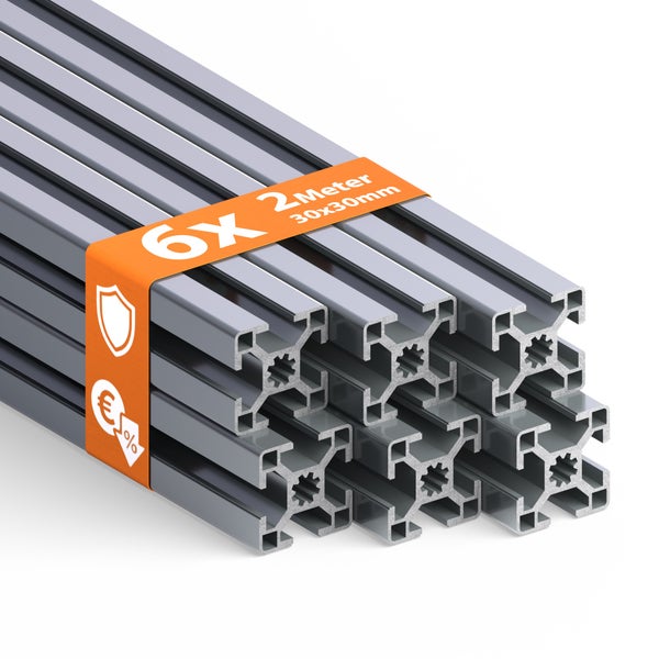 Sechs Aluminiumprofile, jeweils zwei Meter lang, 30 mal 30 Millimeter