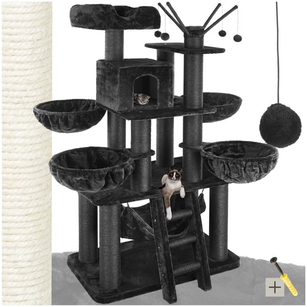Großer Kratzbaum mit Liegeflächen, Spielzeug und Katzen