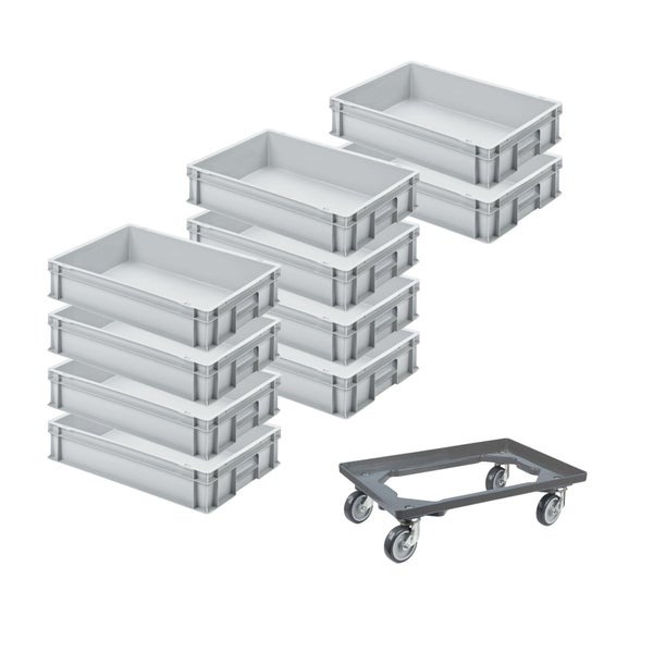 PROREGAL SparSet 10x Eurobehälter mit Geschlossenem Griff und 1 x Transportroller Grau HxBxT 12 x 40 x 60 cm 21 Liter Eurobox Transportbox