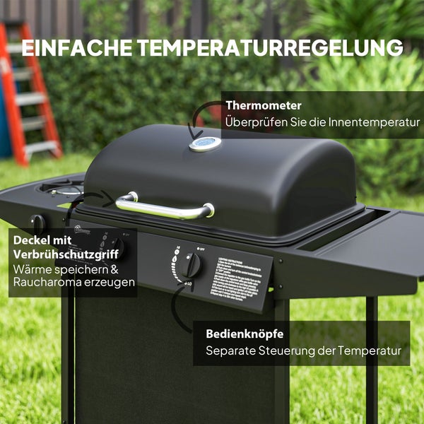 Outsunny Gasgrill 7 KW Grillwagen inkl 3 Brenner Seitenkocher Rolle Druckminderer Deckel Gasschlauch 2 Heizzonen Thermometer Seitenablagen, BBQ Gartengrill für Balkon, Grill 107 x 54 x 96 cm