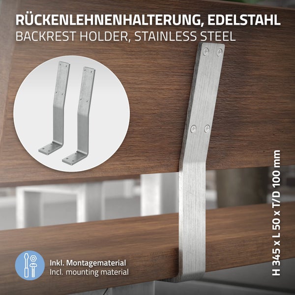 ML-Design 2 Stück Rückenlehnenhalterung, Silber, aus Edelstahl, 345x90x50 mm, Bankrückenlehne, Banklehne, Rückenlehne zum Anschrauben, Metall Rücklehne Halterung Profil für Sitz-Bänke, Betten, Stühlen