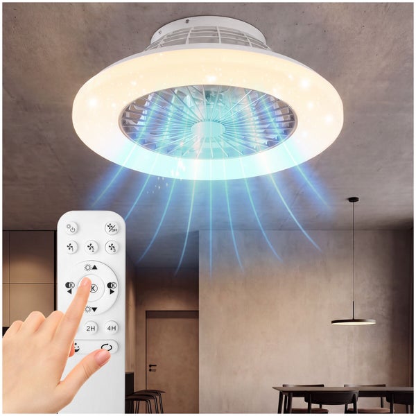 Runder Deckenventilator mit integrierter LED Beleuchtung und Fernbedienung fuer die Montage an der Zimmerdecke.