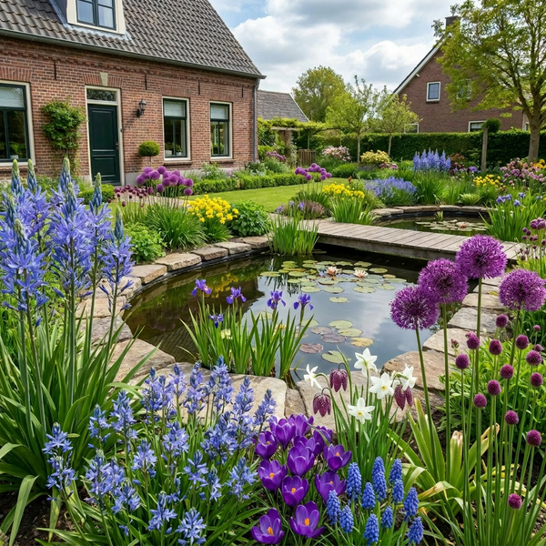 Angelegter Garten mit Teich, Seerosen, Holzbrücke und Frühlingsblumen wie Allium und Prärielilien vor einem Backsteinhaus.