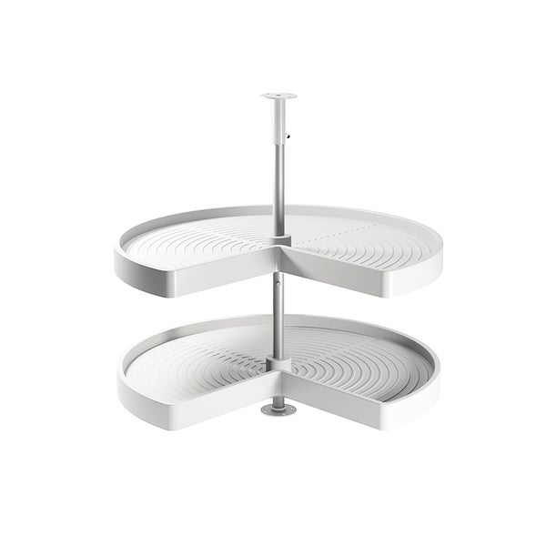 Eckschrank-Karussell mit zwei dreiviertel-kreisförmigen Etagen aus Kunststoff und einer Metallstange für Küchenschränke.