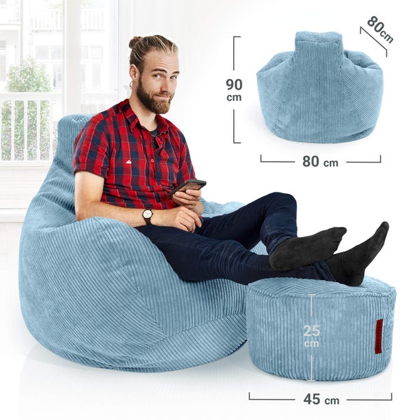 Green Bean Sitzsack mit Hocker aus Cord - Sitzsäcke für das Wohnzimmer, Schlafzimmer, Sitzsack-Sessel für Erwachsene Hellblau